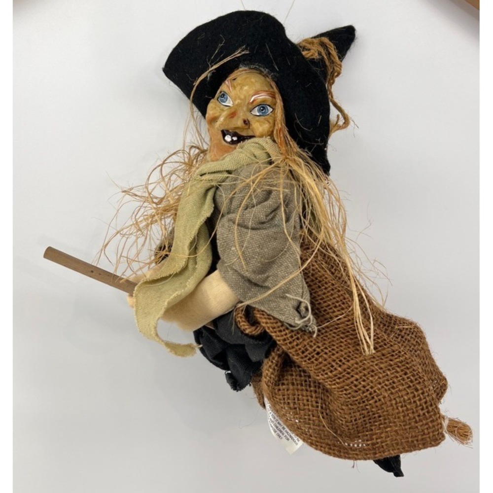 Vintage Halloween Flying Witch Broomstick Burlap Hanging 13" Decor Primitive Art
